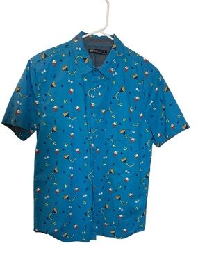 RF Drinking Solo Cup Party Blue Button Up Shirt Men's Small EUC